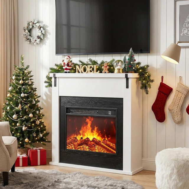 TRONLEE 36" Modern Freestanding Electric Fireplace with Mantel, Minimalist TV Stand Electric Fireplace Mantel for Living Room, Bed Room, White