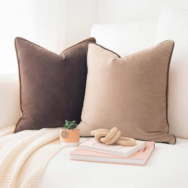 MONDAY MOOSE Decorative Throw Pillow Covers Cushion Cases, Set of 2 Soft Velvet Modern Double-Sided Designs, Mix and Match for Home Decor, Pillow Inserts Not Included (18x18 inch, Brown/Beige)