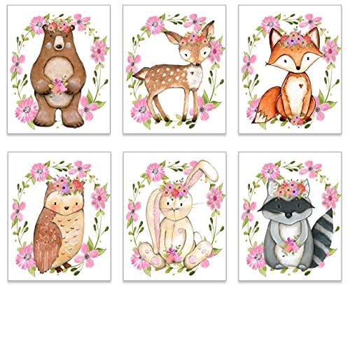 Girl Nursery Decor - Woodland Nursery Decor - Baby Girl Room - Kids Wall Art - Animal Pictures Decorations - Cute Posters - Boho Floral Wreath Forest Animals Theme - Set of 6-8x10 UNFRAMED