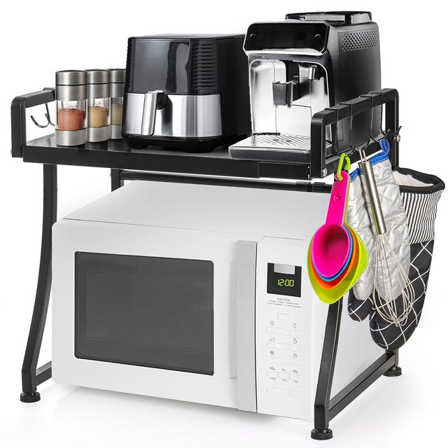 DEAYOU Extendable Microwave Oven Rack, 2-Tier Toaster Stand Utensils Storage with 8 Hooks, Adjustable Kitchen Countertop Organizer Shelf for Air Fryer, Rice Cooker, Spice, 110lbs Weight Capacity