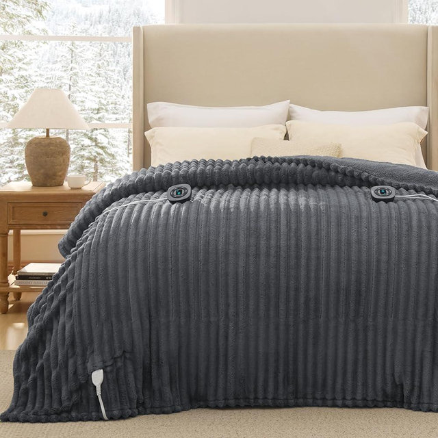 Bedsure Electric Blanket Queen Size - Thick Striped Flannel Electric Blanket with Dual Control, Heating with 10 Heat Settings & 10 Time Settings, 8 hrs Timer Auto Shut Off (84x90 inches, Grey)