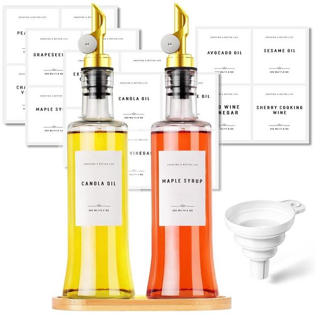 Olive Oil Dispenser Bottle with Bamboo Tray, GIXSEGIE Oil and Vinegar Dispenser Set w.Metal Pour Spout, Coffee Syrup Dispenser, Olive Oil Cruet Cooking Oil Dispenser, Oil Container Bottles for Kitchen