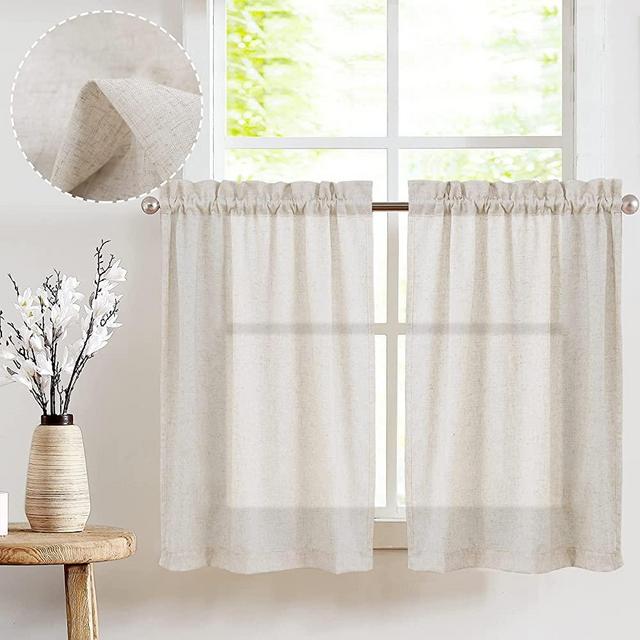jinchan Tier Curtains Linen Textured 45 Inches Long Curtains for Kitchen Beige Small Cafe Curtains for Window Treatment Set 2 Panels Crude