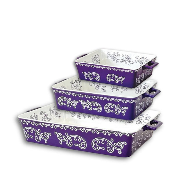 Domini Casserole Dishes for Oven, Ceramic Baking Dishes for Oven Set of 3, Lasagna Pan Deep, Baking Pan Set Square Casserole Dish Set with Handles for Baking, Pattern Purple(14.6+11.4+8.5inch)Christmas