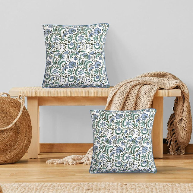 Ridhi Columbia Blue Block Print Cotton Throw Pillow Covers for Decorative Couch Pillows for Living Room, Chic Boho Cute Outdoor Valentine Pillows Covers Gifts 18x18 Inches