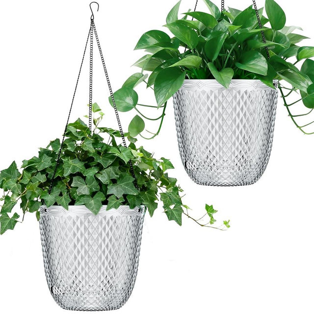 QCQHDU Self Watering Hanging Pots, 2 Pack 7.2 Inch Hanging Planters for Plants Indoor, Outdoor Flower Pots with Drainage Holes and 3 Hooks Chains for Garden Home (Clear)