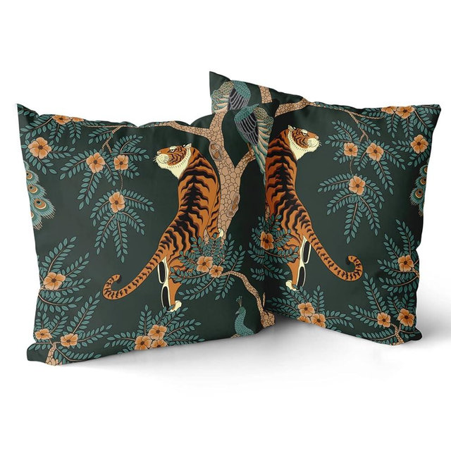 aportt Tiger Pillow Cover Set of 2 Peacock Forest Animal Cotton Decorative Throw Pillows Case Cushion Cover for Bedroom Sofa Living Room Couch Chair Office 18 x 18 Inch