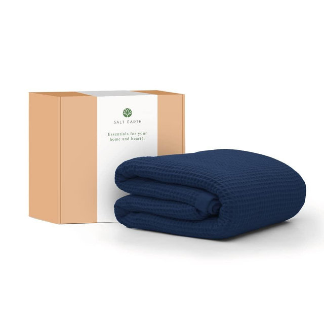 Salt Earth 100% Organic Cotton Throw Blanket 55"x 60" Waffle Blanket for Couch Bed Sofa Living Room and Home Decor Lightweight & All Season Use Easy to wash Nature and Skin Friendly (Navy Blue)