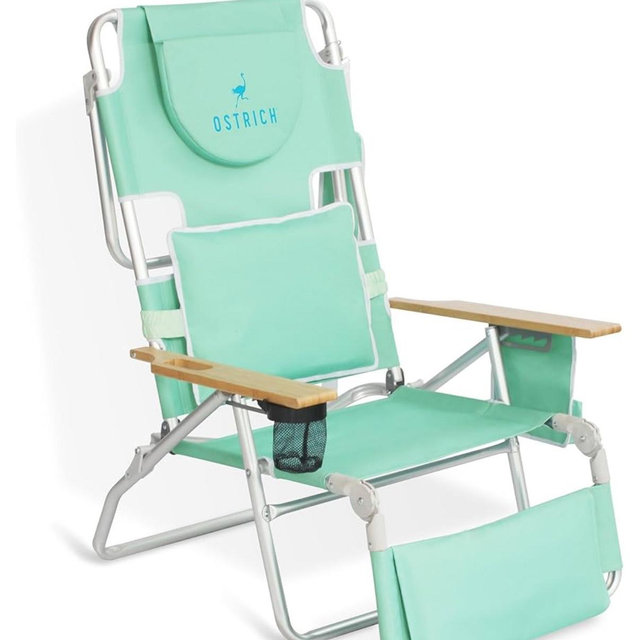 Ostrich Deluxe Reclining Lounge Chair, 3 in 1 Folding Outdoor Beach Lounger, Teal - Foldable Recliner w/ Face Hole and Pillow for Pool, Patio, Tanning