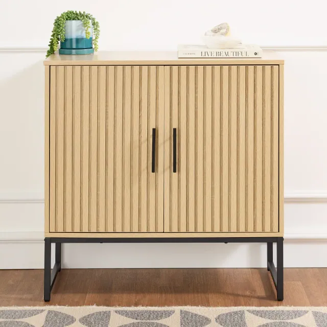 Best Choice Products 2-Door Slatted Storage Cabinet, Accent Furniture w/ Non-Scratch Foot Pads - Natural Oak