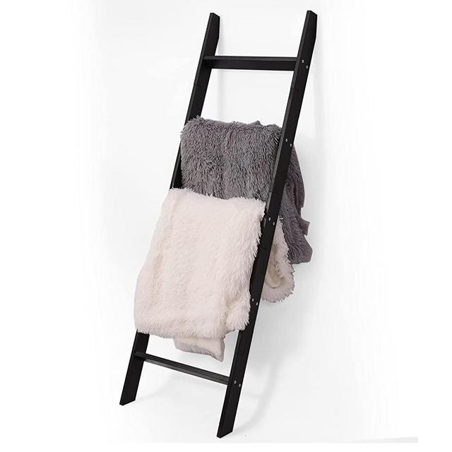 HYBDAMAI Blanket Ladder, 5-Tier Wooden Quilt Stand, Decorative Ladder Shelf, Leaning Shelf, Wall Leaning Blanket Ladder Towel Storage Rack for Living Room Bathroom, Bedroom, Bathroom, Black