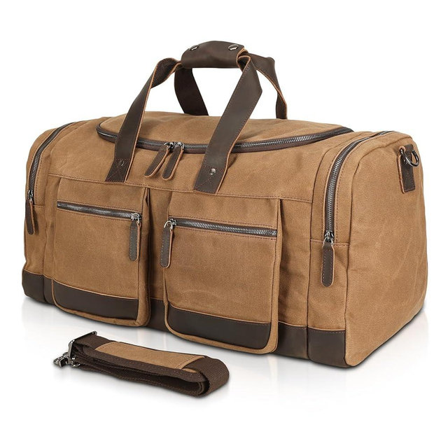 Polare 23” Waxed Canvas Cowhide Leather Waterproof Travel Duffel Bag Trim Luggage Weekender Overnight Carry on Hand Bag