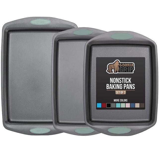Gorilla Grip Non Stick Baking Pans, 3 Piece Bakeware Set, Durable Silicone Handles, Multi Purpose Professional Grade 3-Piece Kitchen Oven Pan Baking, Cooking, Roasting Sets, Easy Clean, Set of 3, Mint