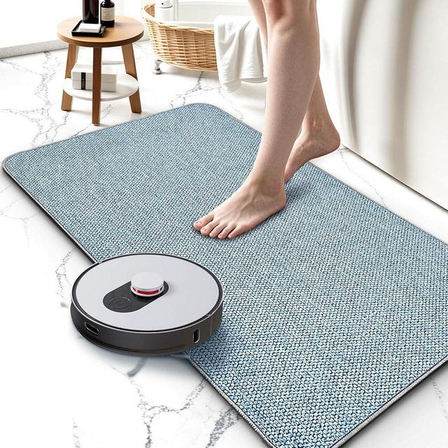 Upgraded Thin Bathroom Rugs, Bath Mat Super Absorbent, Bath Rugs Rubber Backing Non-Slip, Quick Dry Machine Washable, Cozy Cloth Bathroom Mat fit Under Door/Sink/ Bathtub/Area Rug Sets 17''x27''-Blue