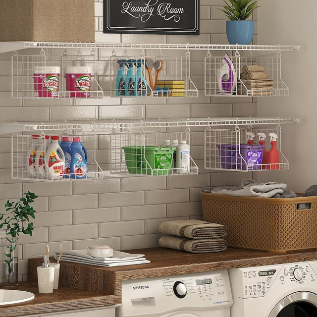 3-Tier Foldable Laundry Basket Organizer with Rotating Hooks - Space-Saving Over Washer and Dryer Shelf for Laundry Room Organization and Storage, Durable Wire Shelving Unit, White