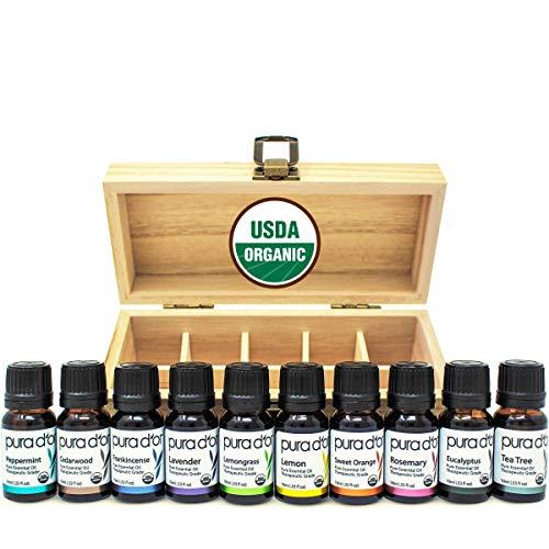 PURA D’OR Perfect 10 Essential Oil Wood Box Set 10mL USDA Organic 100% Pure Therapeutic Grade (Tea Tree-Lemon-Lavender-Sweet Orange-Rosemary-Lemongrass-Frankincense-Peppermint-Eucalyptus-Cedarwood)