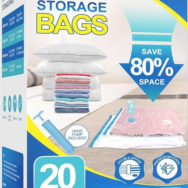 Fygrip 20 Pack Vacuum Storage Bags with Hand Pump, 4 Jumbo + 4 Large + 4 Medium + 8 Small Plastic Packaging Bags, 80% Space Saver Vacuum Seal Bags for Clothing, Travel Lugggage, Blankets, Comforters