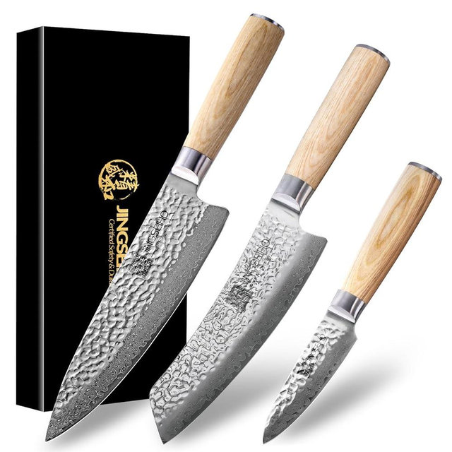 Jingseiho Professional Knife Set - VG-10 67-Layer Damascus Forged Steel, Razor-Sharp Edge Chef Santoku Paring Knifes, Durable Kitchen Cutlery for Home Cooks