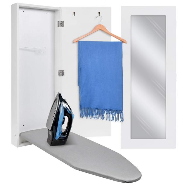 Ivation Wall-Mounted Ironing Board Cabinet, Foldable Ironing Storage Station for Home, Apartment Small Spaces, Easy-Release Lever, with Miror Door, White