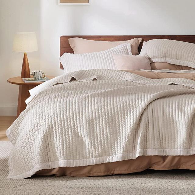 BEDSURE Linen Quilt Queen Size - Lightweight Soft Quilt Bedding Set for All Seasons, Bedspreads & Coverlets, Corduroy Pattern Quilt Set, 3 Pieces with 2 Pillow Shams
