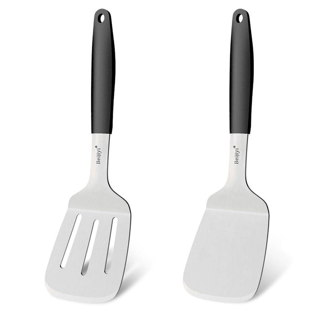Beijiyi Stainless Steel Spatula Set, 2 Pcs Small Metal Spatula for Cast Iron Skillet, Solid and Slotted Turner Spatulas for Kitchen Use with Silicone Handle, Cooking Utensils for Eggs, Burger, Steak