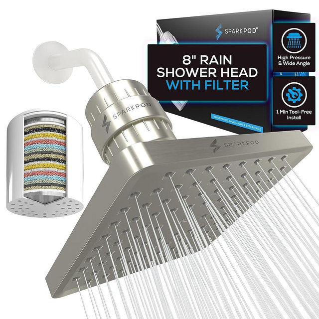 SparkPod Luxury Filtered Shower Head Set 23 Stage Shower Filter - Reduces Chlorine and Heavy Metals - High Pressure Showerhead Filter (8" Square, Elegant Brushed Nickel)