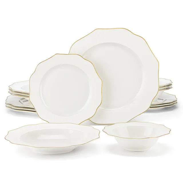 vancasso 16 Piece Cream-White Bone China Dinnerware Set with Gold Rim