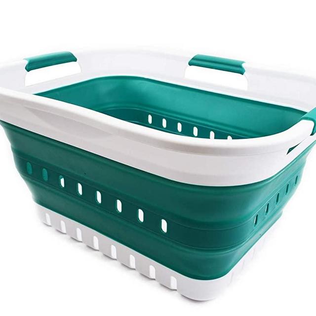 SAMMART 30L (8 Gallon) Collapsible 3 Handled Plastic Laundry Basket - Foldable Pop Up Storage Container/Organizer - Portable Washing Tub - Space Saving Hamper/Basket (White/Dark Green)