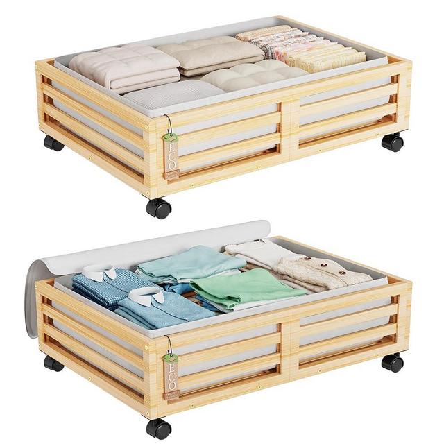 Bamboo Under Bed Storage Containers- Underbed Organizer with Wheels with Large Dust Bag,Sturdy Wood Rolling Under the Bed Shoe Storage Organizer Drawer 2 Packs (Nature, Small)