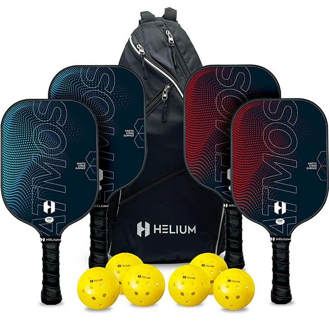 Helium Atmos Pickleball Paddle Set of 4 - Pro Carbon Fiber Pickleball Paddle w/Texture, USAPA Approved, Lightweight Honeycomb Core, Tactile Comfort Grip (4 Paddles, 6 Balls, 1 Sports Bag)