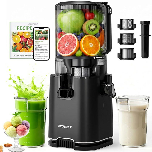 ECOSELF 3-in-1 Juicer with 3 Filters (For Juice, Sorbet & Nut Milk), With 6.0" Wide Extra-Large Hopper For Fruits & Vegetables, Slow Masticating Juicer with Large Capacity, Quiet Motor (With Pusher)