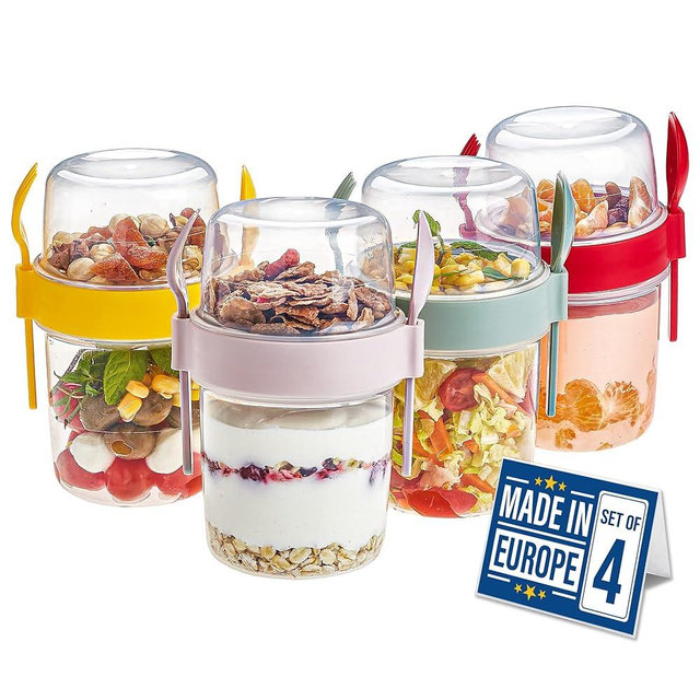 Crystalia 4 Pack 22 oz On The Go Yogurt Parfait Cups with Lids & Spoon, Large Breakfast Plastic Bowls with Topping Cereal Oatmeal Salad or Fruit Container for Snack Box