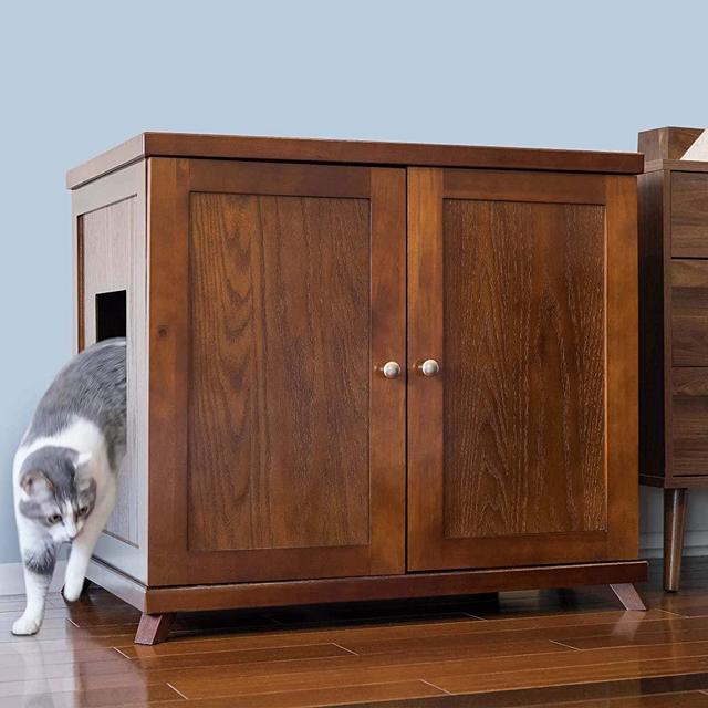 THE REFINED FELINE Cat Litter Box Enclosure Cabinet, Hidden Litter Tray Cat Furniture, Large + XLarge, Modern Style, Mahogany Color