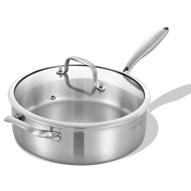 Inqibee Stainless Steel Saute Pan with Lid, 7 QT 12 Inch Tri-Ply Stainless Steel Deep Frying Pan, Large Skillet, Induction Compatible, All Cooktops, Oven & Dishwasher Safe