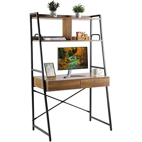 Grepatio Ladder Desk with Bookshelves and Drawer