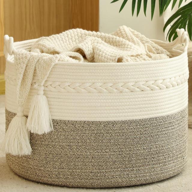 KAKAMAY Large Blanket Basket (20"x13"),Woven Baskets for storage Baby Laundry Hamper, Cotton Rope Blanket Basket for Living Room , Laundry, Nursery, Pillows, Baby Toy chest (White/Beige)