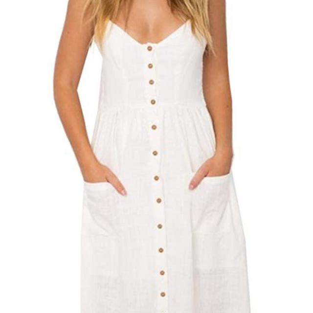 Angashion Women's Dresses-Summer Floral Bohemian Adjustable Spaghetti Strap Button Down Swing Midi Dress with Pockets