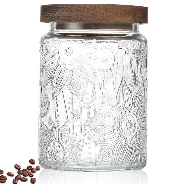 24 OZ Airtight Glass Storage Jar with Bamboo Lid - Vintage Glass Jar Vintage Food Containers Canisters Set for Kitchen Counter & Pantry - Ideal for Sugar, Flour, Coffee, Tea, Candy, Oats, Cereal