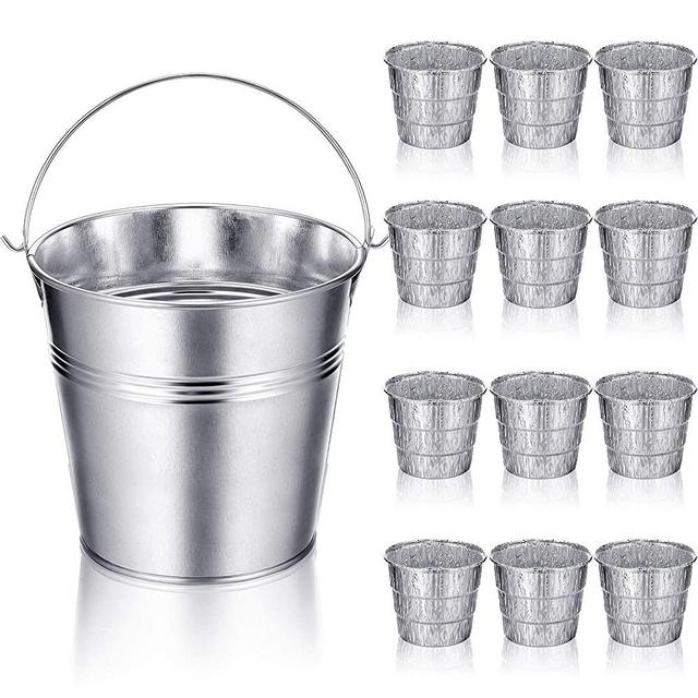 Patelai Drip Grease Bucket Can with 12 Pieces Disposable Foil Liners Grills Bucket Liners Wood Pellet Grills Replacement for Camp Wood Chef Pellet Grill BBQ Accessories (Silver)
