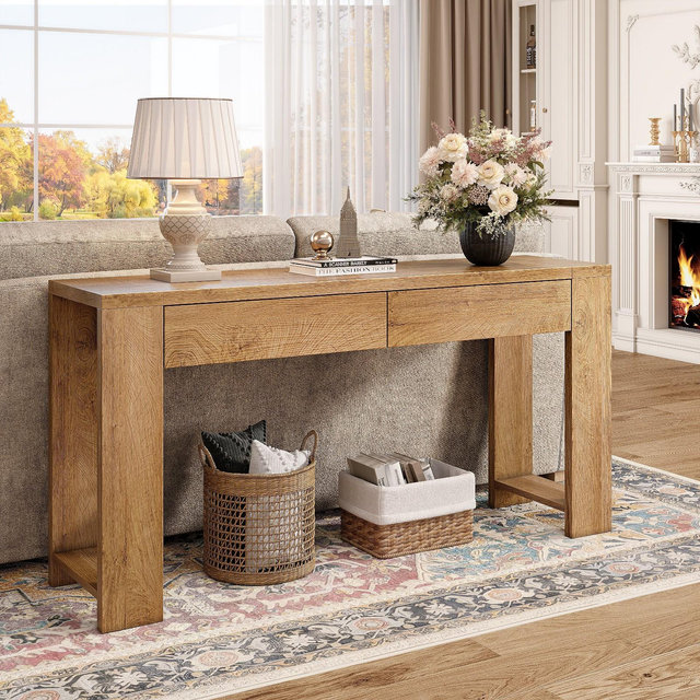 Qwatto 60 Inch Console Table Modern Entryway Storage Table with 2 Drawers Long Sofa Table Behind Couch for Living Room Hallway Foyer Natural Oak