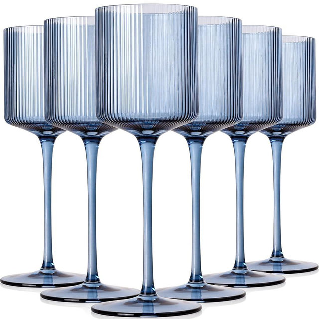 Midnight Blue Colored Square Wine Glasses Set of 6, Ribbed Design Blue Crystal Glassware with Long Stem, 11.5oz Hand Blown Red & White Wine Stemware For Home Dinner Party Wedding Housewarming Gift