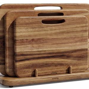 SMIRLY Wooden Cutting Boards for Kitchen, Double-Sided Cutting Board with Handle, Heavy Duty Solid Acacia Wood Cutting Board Set with Stand, 3 Pcs Cutting Boards Non Toxic for Meat Vegetable Fruit