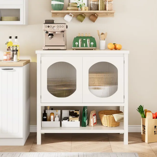 Coffee Bar Cabinet, Cabinet Storage Table with 2 Reeded Glass Doors, Buffet Sideboard Cabinet for Kitchen, Dining Room, Living Room - White