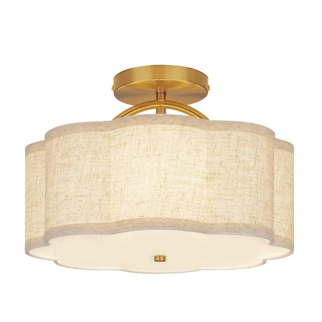 CALOKES Semi Flush Mount Ceiling Light, 11.8" Modern 3-Light Fixture with Petal-Shaped Cream Beige Linen Shade and Golden Support Arm, Ideal for Bedroom, Kitchen, Living Room, Hallway, and Entryway