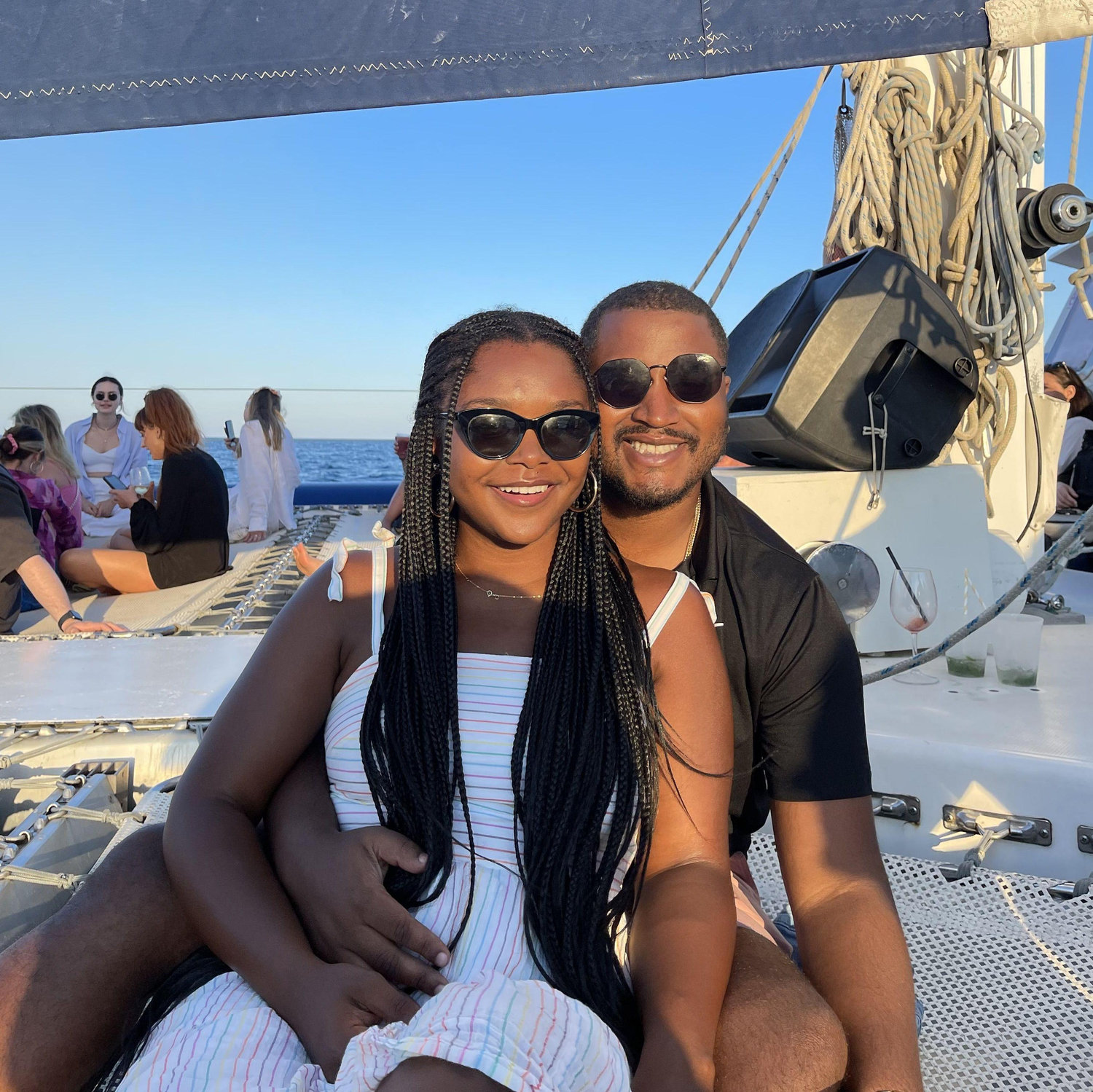 Our first international trip together, a sunset boat cruise in Barcelona - July 2022
