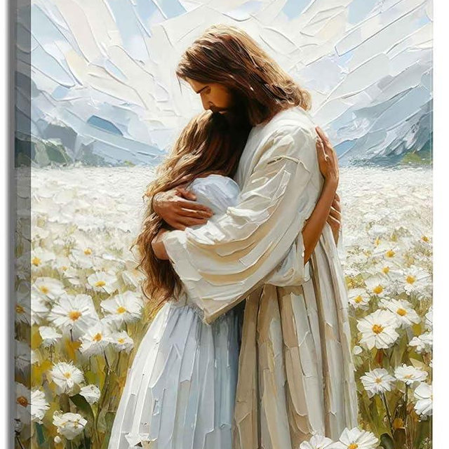 Frame Jesus Hugging Girl Canvas Wall Art Jesus and Woman Wall Decor Pictures Modern Christian Healing Embrace Mormon Prints Posters for Hallway Bathroom Dining Living Room Kitchen Wall Bedroom Decoration16x24in