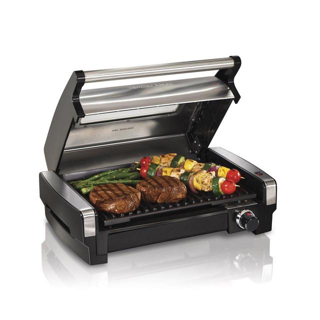 Hamilton Beach Electric Indoor Searing Grill with Viewing Window and Removable Easy-to-Clean Nonstick Plate, 6-Serving, Extra-Large Drip Tray, Stainless Steel (25361)