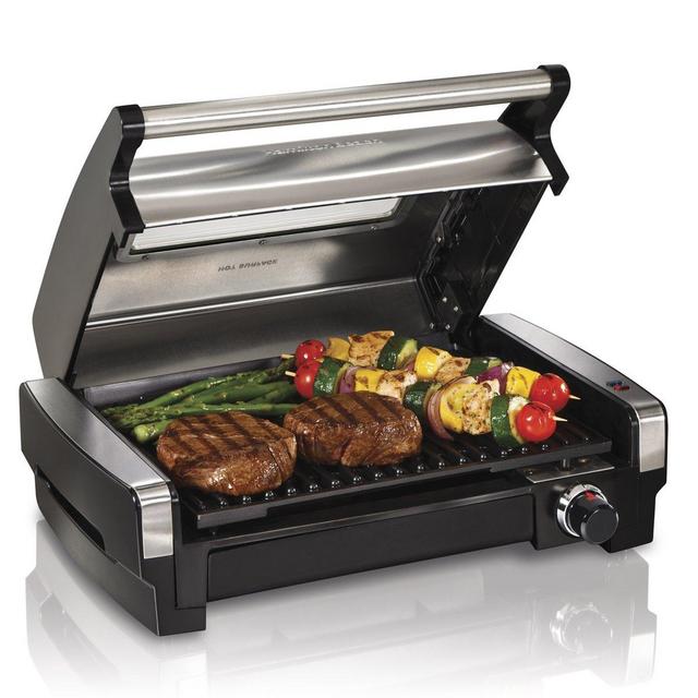 Hamilton Beach Electric Indoor Searing Grill with Viewing Window and Removable Easy-to-Clean Nonstick Plate, 6-Serving, Extra-Large Drip Tray, Stainless Steel (25361)