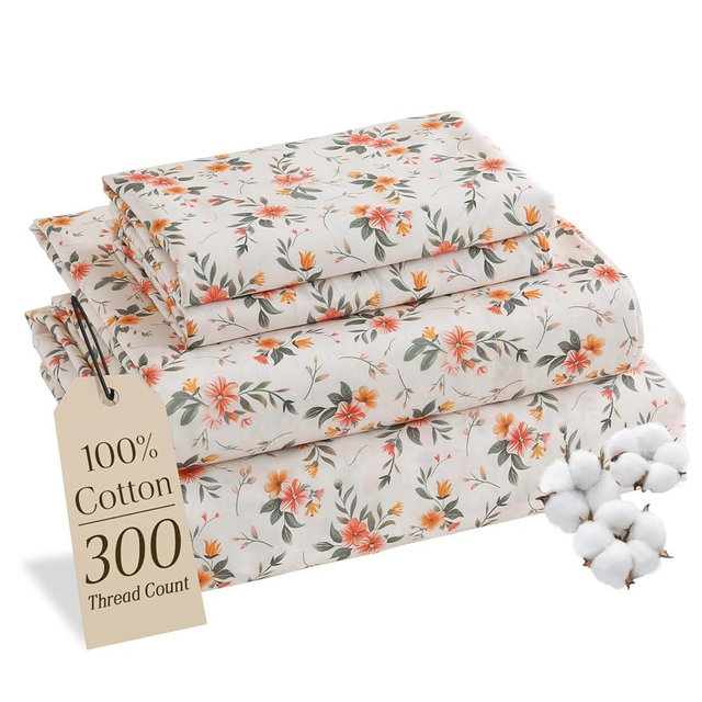 MCO 100% Cotton Sheet Set Floral Printed, 300 Thread Count Cotton Queen Sheet Set, 16" Deep Pocket, Breathable Cooling Sheets 4 Pieces (Queen, Yellow Floral)