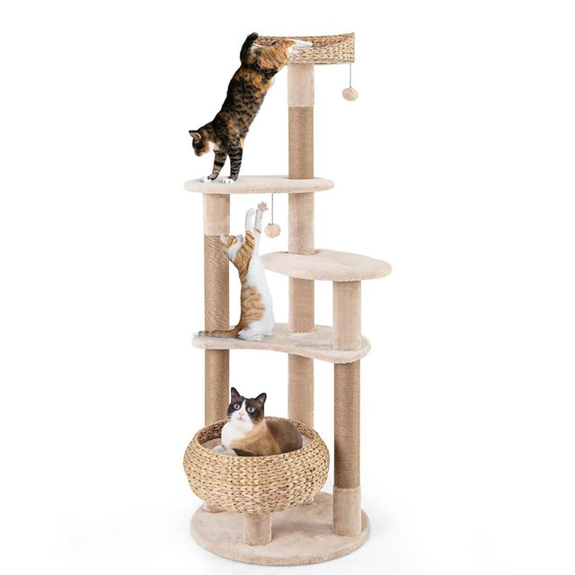 PETSITE 65 inch Cattail Cat Tree Tower, Multi-Level Cat Tower with Natural Jute Scratching Posts, Cat Bed, Top Perch, Dangling Balls and Jumping Platforms, Modern Tall Cat Tree for Indoor Cats